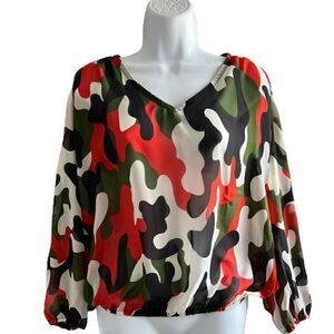 Camouflage Pattern Women Mesh Shirt, Long Sleeve Top, See Through Shirt Size M